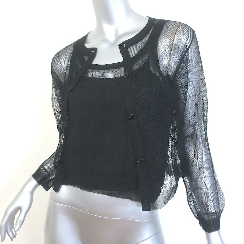 Christian Dior Lace Twinset Black Silk Size 40 Matching Cardigan &amp; Tank Top