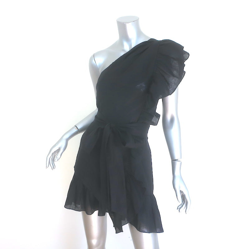 Isabel Marant Etoile Teller Ruffled One-Shoulder Mini Dress Black Linen Size 38