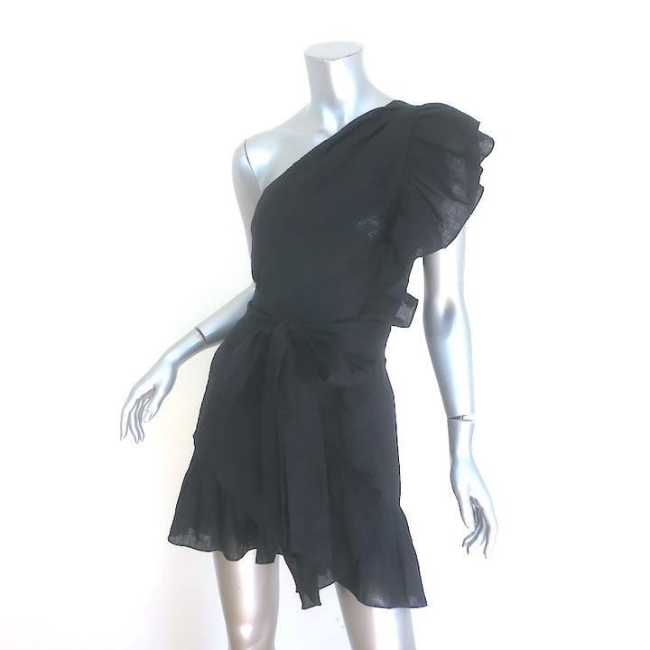 Isabel Marant Etoile Teller Ruffled One-Shoulder Mini Dress Black Linen Size 38