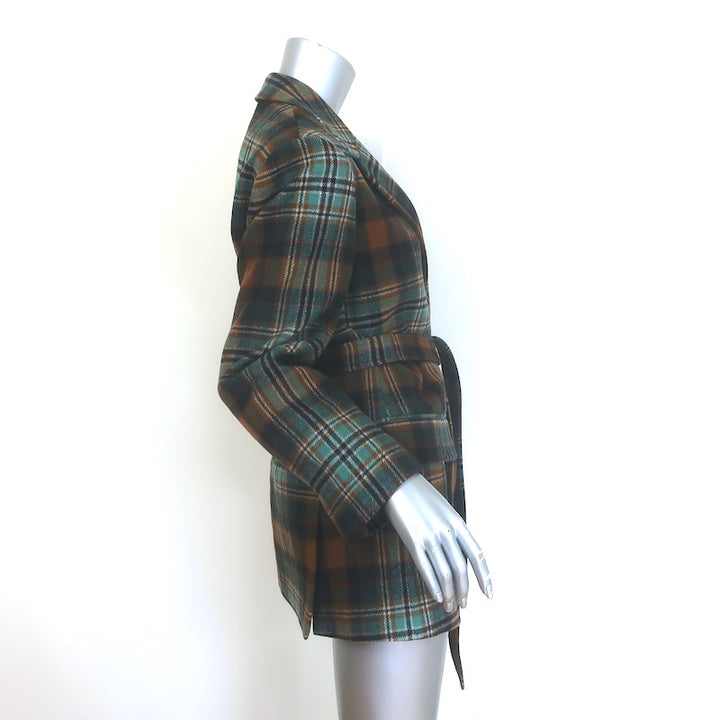 Co Plaid Flannel Belted Blazer Brown/Aqua Wool-Blend Size Extra Small