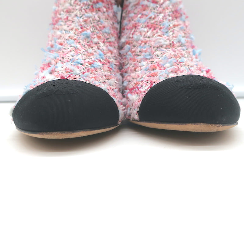 Chanel CC Grosgrain Cap Toe Tweed Ankle Boots Pink/Black Size 38