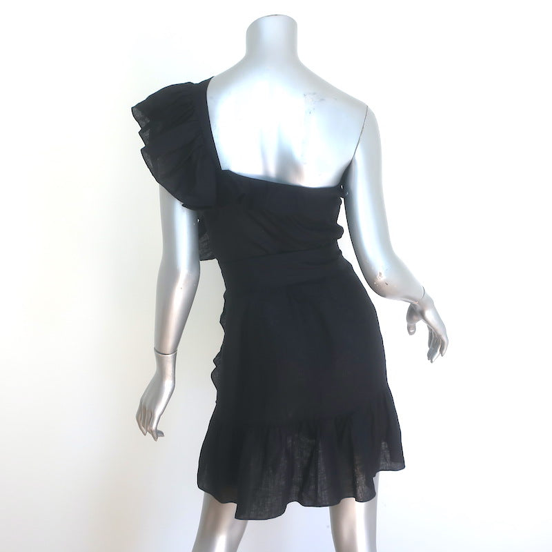 Isabel Marant Etoile Teller Ruffled One-Shoulder Mini Dress Black Linen Size 38