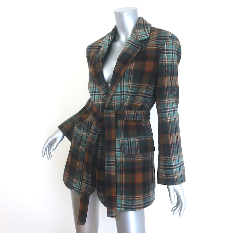Co Plaid Flannel Belted Blazer Brown/Aqua Wool-Blend Size Extra Small
