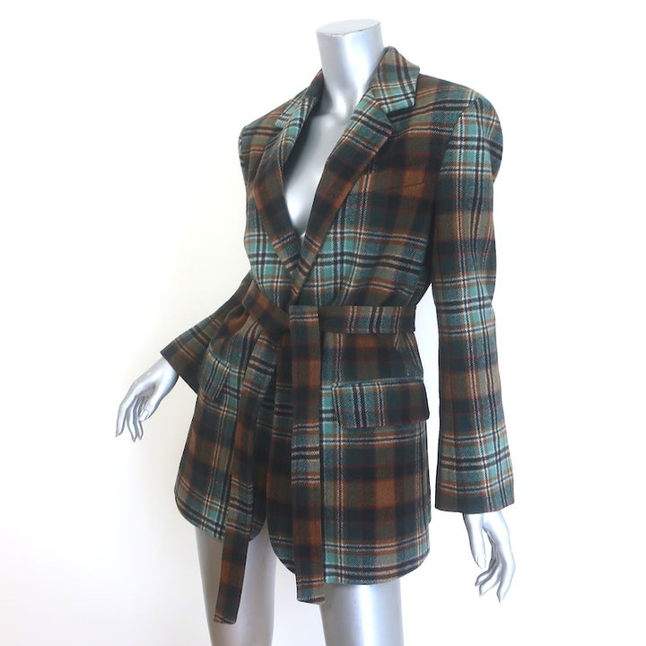 Co Plaid Flannel Belted Blazer Brown/Aqua Wool-Blend Size Extra Small