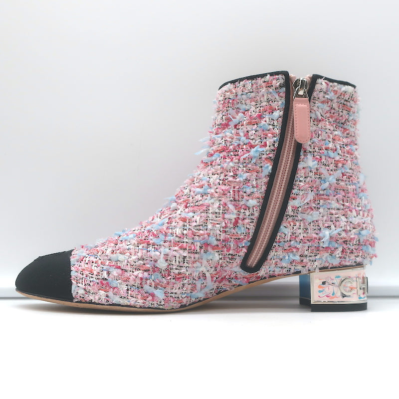 Chanel CC Grosgrain Cap Toe Tweed Ankle Boots Pink/Black Size 38