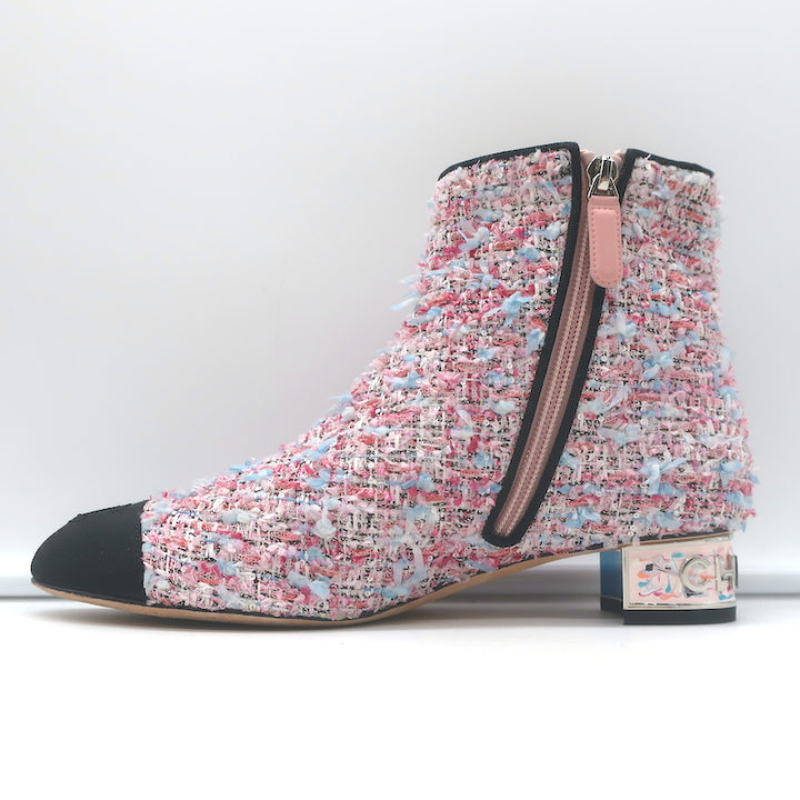 Chanel CC Grosgrain Cap Toe Tweed Ankle Boots Pink/Black Size 38