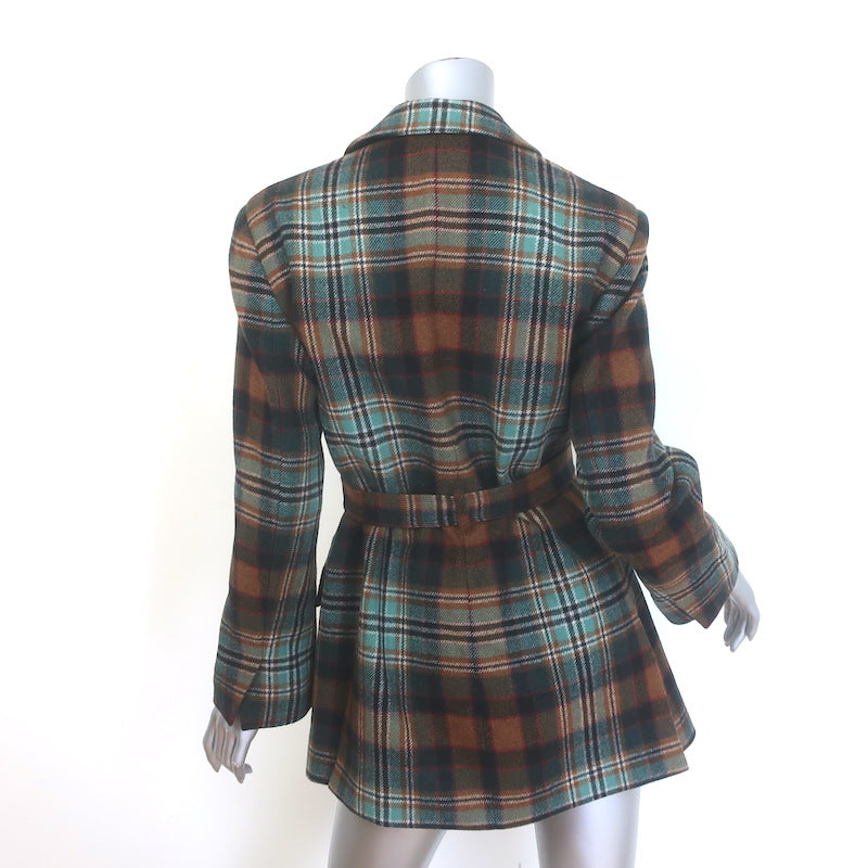 Co Plaid Flannel Belted Blazer Brown/Aqua Wool-Blend Size Extra Small