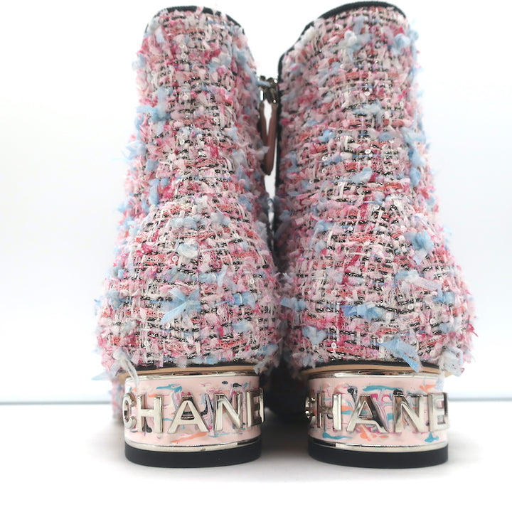 Chanel CC Grosgrain Cap Toe Tweed Ankle Boots Pink/Black Size 38