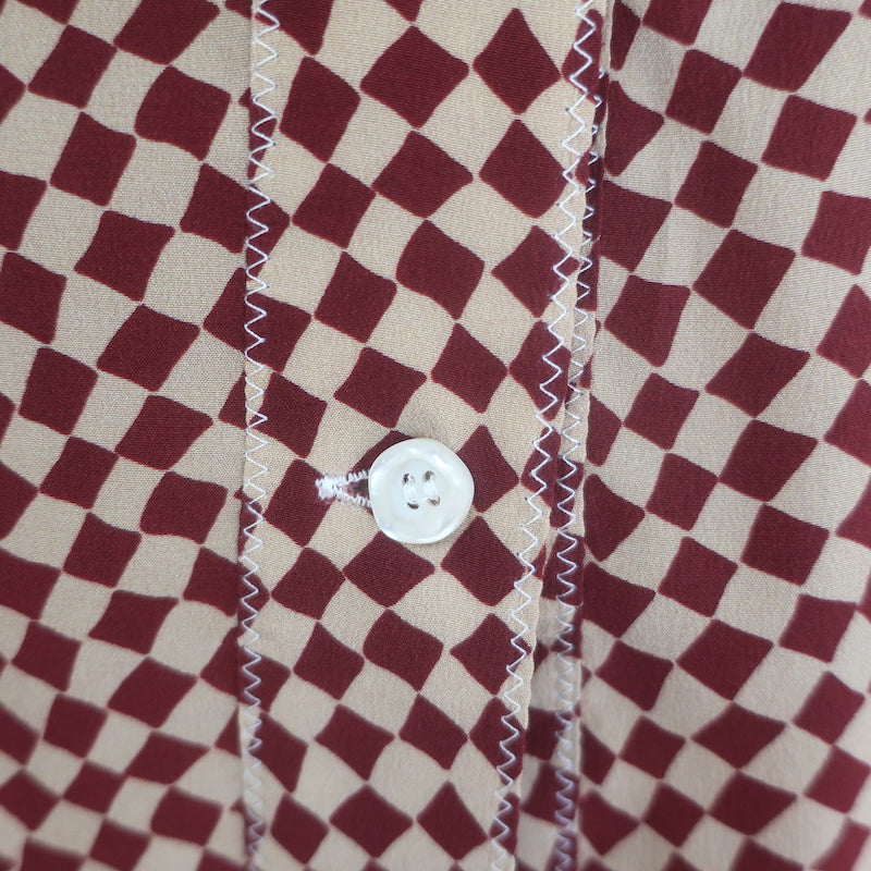 Marni Checkered Pussy Bow Blouse Burgundy &amp; Beige Silk Size 42 Long Sleeve Top