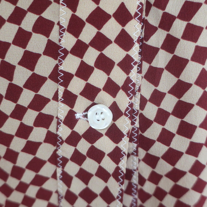 Marni Checkered Pussy Bow Blouse Burgundy &amp; Beige Silk Size 42 Long Sleeve Top