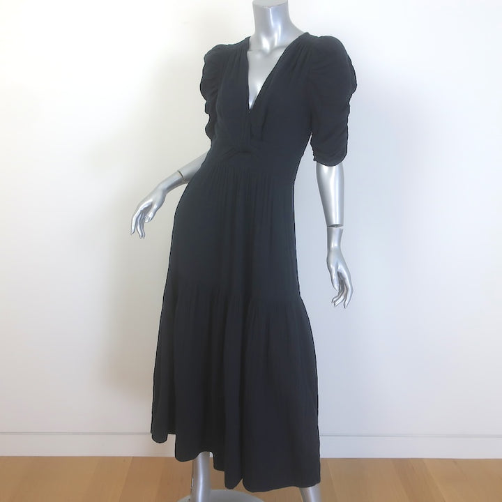 ME+EM Cheesecloth Gathered Sleeve Twist-Front Maxi Dress Black Cotton Size US 6
