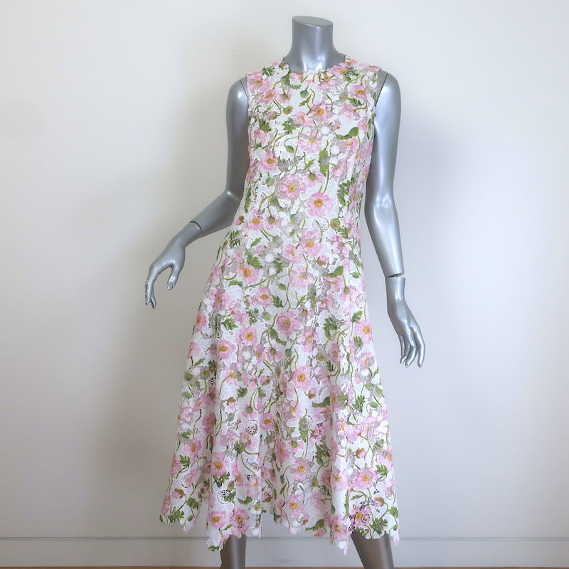 Oscar De La Renta Guipure Lace Belted Midi Dress White/Pink Poppies Print Size 8