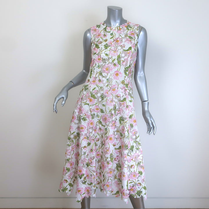 Oscar De La Renta Guipure Lace Belted Midi Dress White/Pink Poppies Print Size 8
