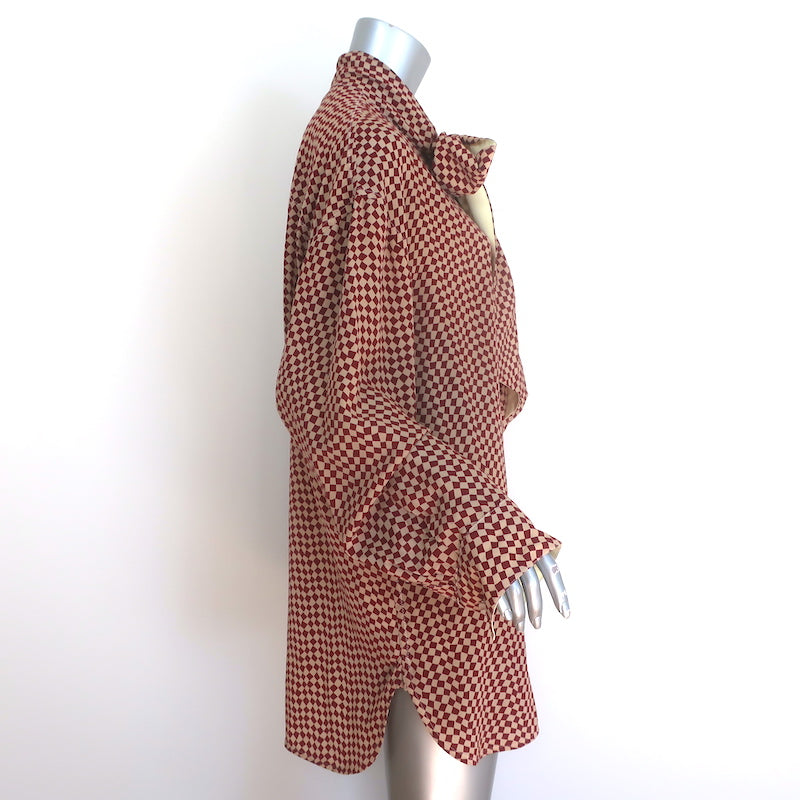 Marni Checkered Pussy Bow Blouse Burgundy &amp; Beige Silk Size 42 Long Sleeve Top