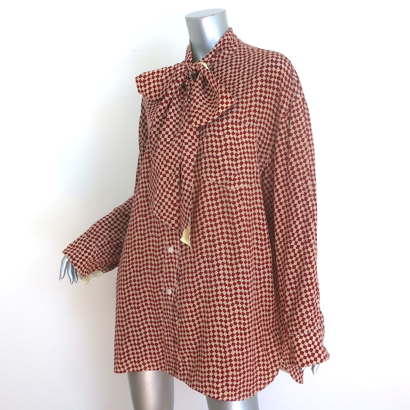 Marni Checkered Pussy Bow Blouse Burgundy &amp; Beige Silk Size 42 Long Sleeve Top