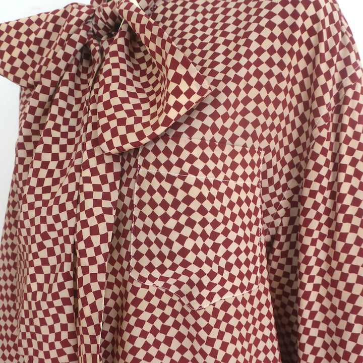 Marni Checkered Pussy Bow Blouse Burgundy &amp; Beige Silk Size 42 Long Sleeve Top