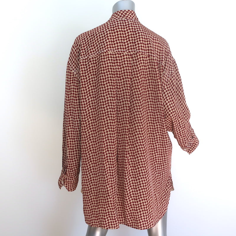 Marni Checkered Pussy Bow Blouse Burgundy &amp; Beige Silk Size 42 Long Sleeve Top
