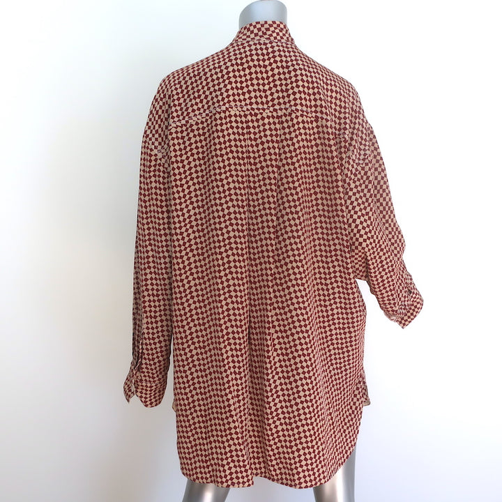 Marni Checkered Pussy Bow Blouse Burgundy &amp; Beige Silk Size 42 Long Sleeve Top
