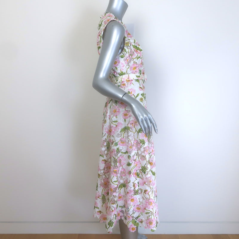Oscar De La Renta Guipure Lace Belted Midi Dress White/Pink Poppies Print Size 8