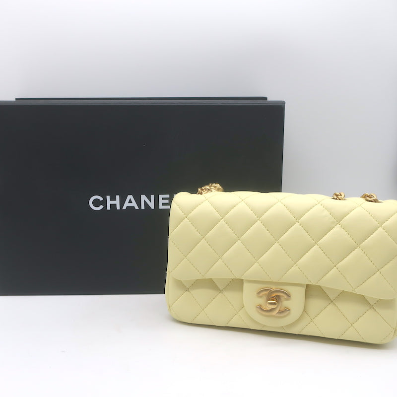 Chanel 23S Mini Camellia Crush Square Flap Bag Light Yellow Quilted Leather NEW