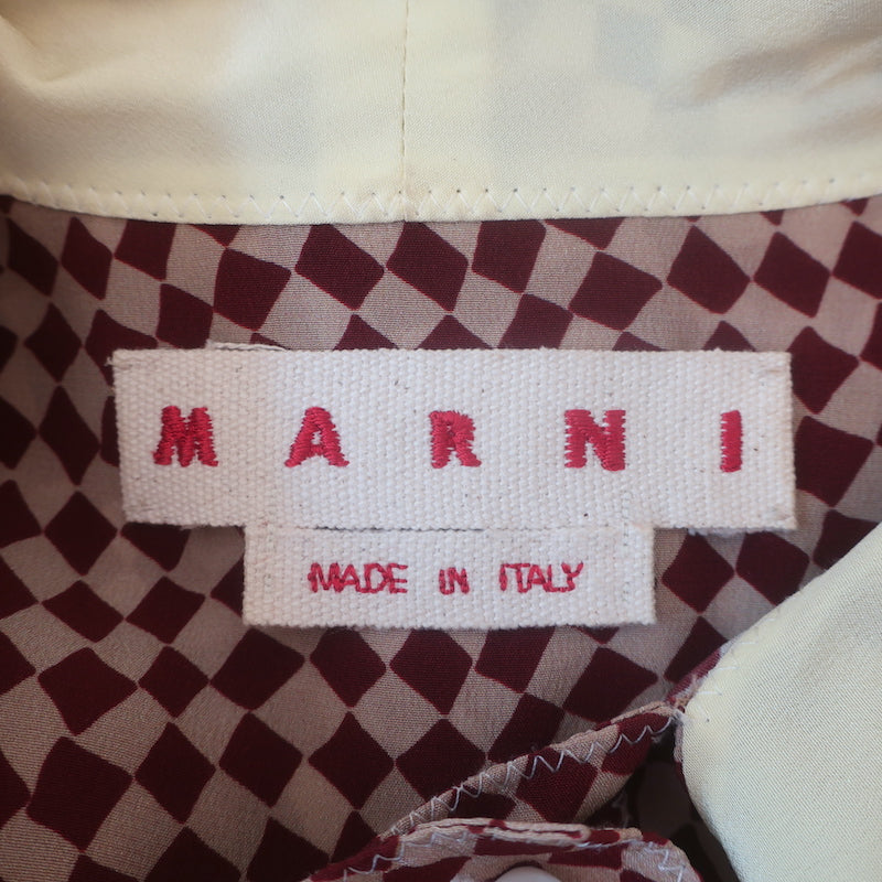 Marni Checkered Pussy Bow Blouse Burgundy &amp; Beige Silk Size 42 Long Sleeve Top