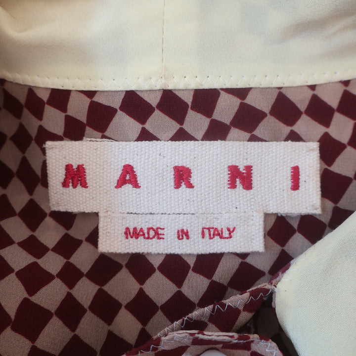 Marni Checkered Pussy Bow Blouse Burgundy &amp; Beige Silk Size 42 Long Sleeve Top