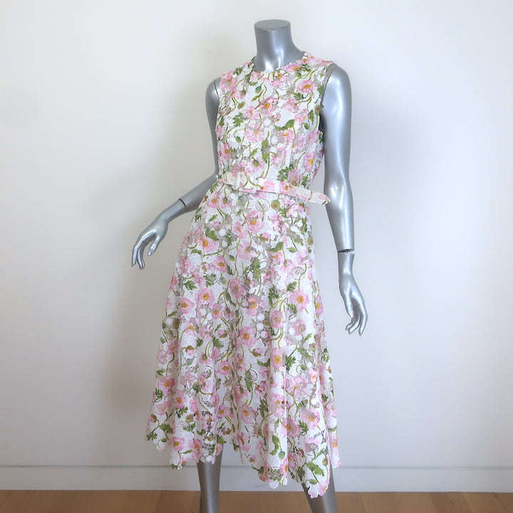Oscar De La Renta Guipure Lace Belted Midi Dress White/Pink Poppies Print Size 8