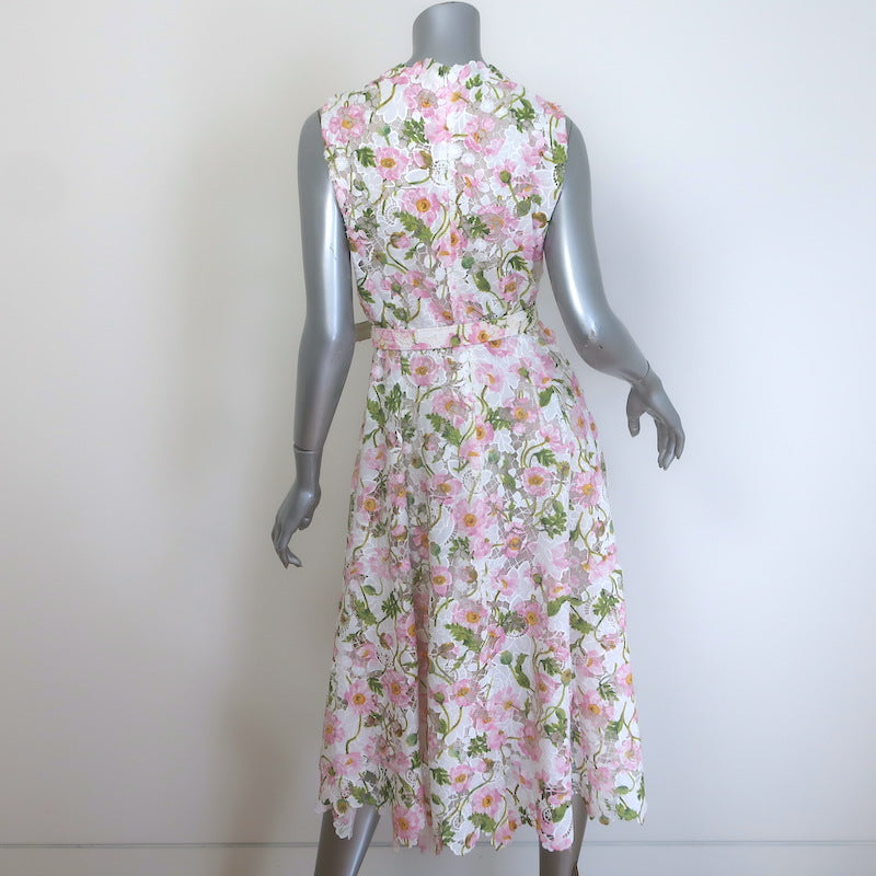 Oscar De La Renta Guipure Lace Belted Midi Dress White/Pink Poppies Print Size 8