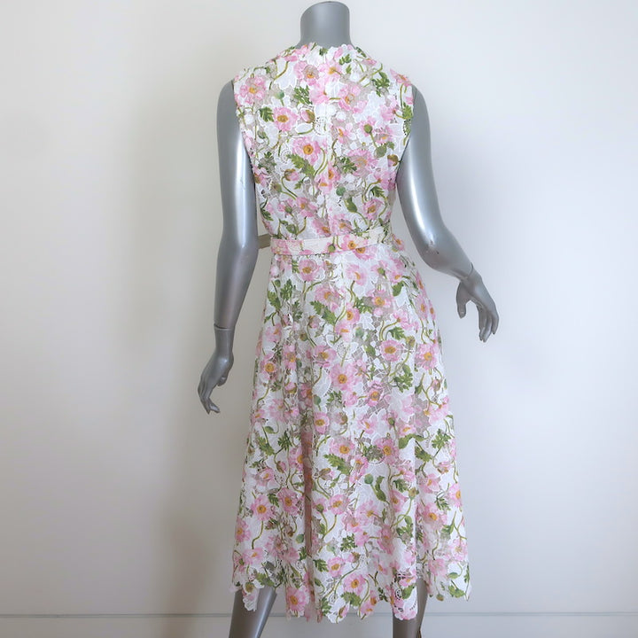 Oscar De La Renta Guipure Lace Belted Midi Dress White/Pink Poppies Print Size 8