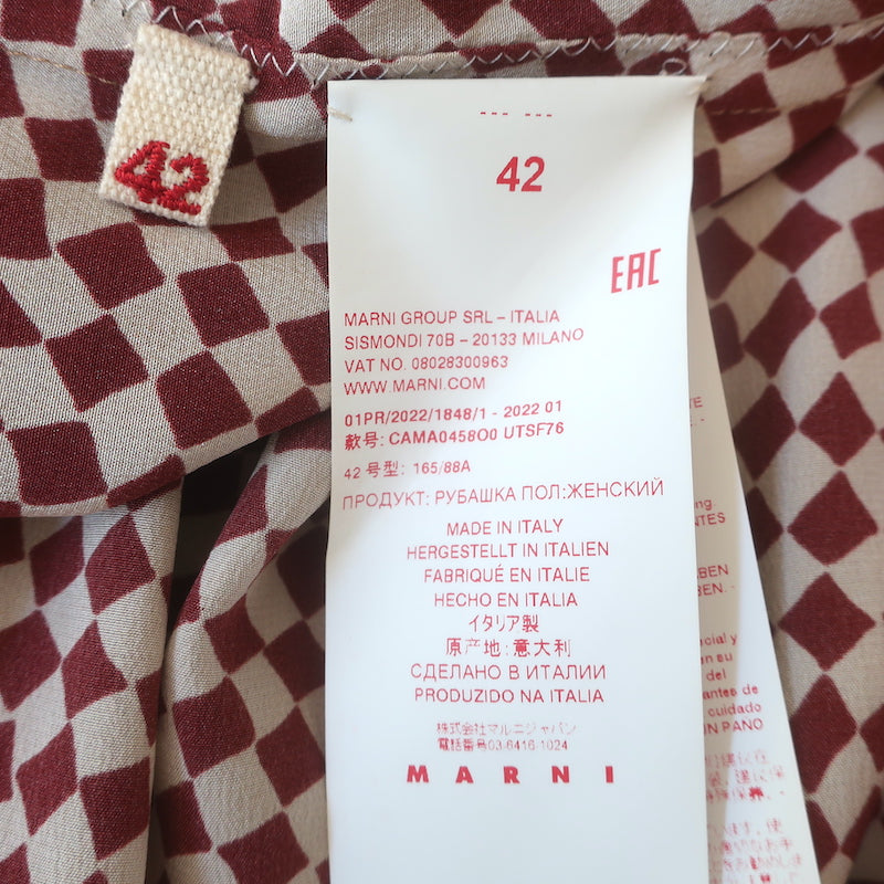 Marni Checkered Pussy Bow Blouse Burgundy &amp; Beige Silk Size 42 Long Sleeve Top