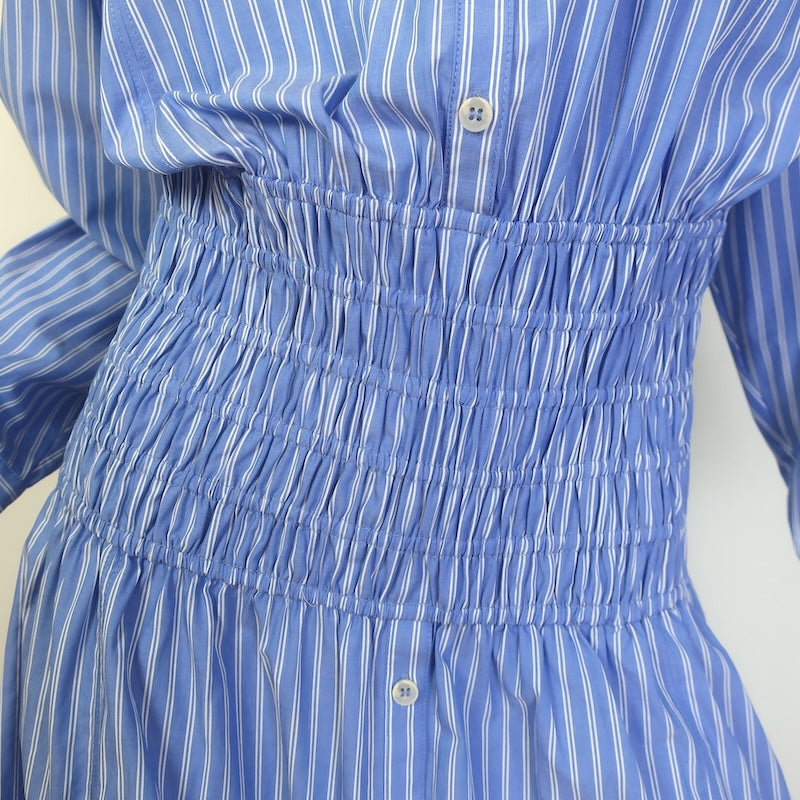 Apiece Apart Sophia Smocked Midi Shirt Dress Blue Striped Cotton Size Small