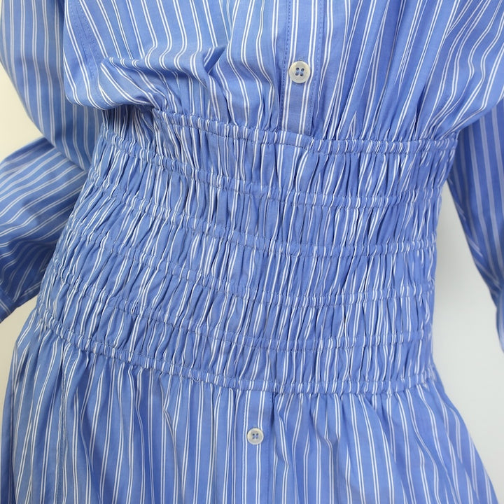 Apiece Apart Sophia Smocked Midi Shirt Dress Blue Striped Cotton Size Small