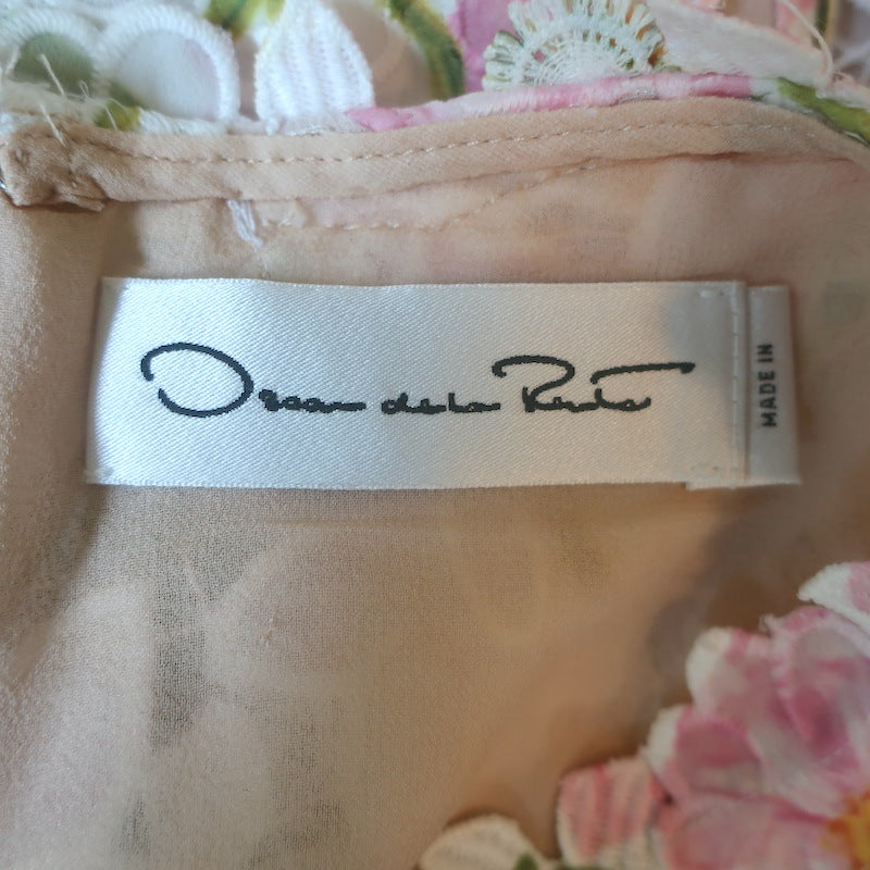 Oscar De La Renta Guipure Lace Belted Midi Dress White/Pink Poppies Print Size 8