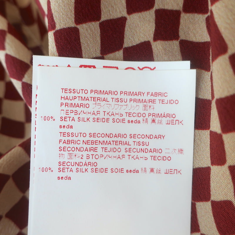 Marni Checkered Pussy Bow Blouse Burgundy &amp; Beige Silk Size 42 Long Sleeve Top