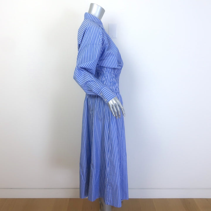 Apiece Apart Sophia Smocked Midi Shirt Dress Blue Striped Cotton Size Small