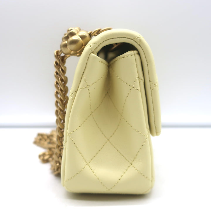 Chanel 23S Mini Camellia Crush Square Flap Bag Light Yellow Quilted Leather NEW