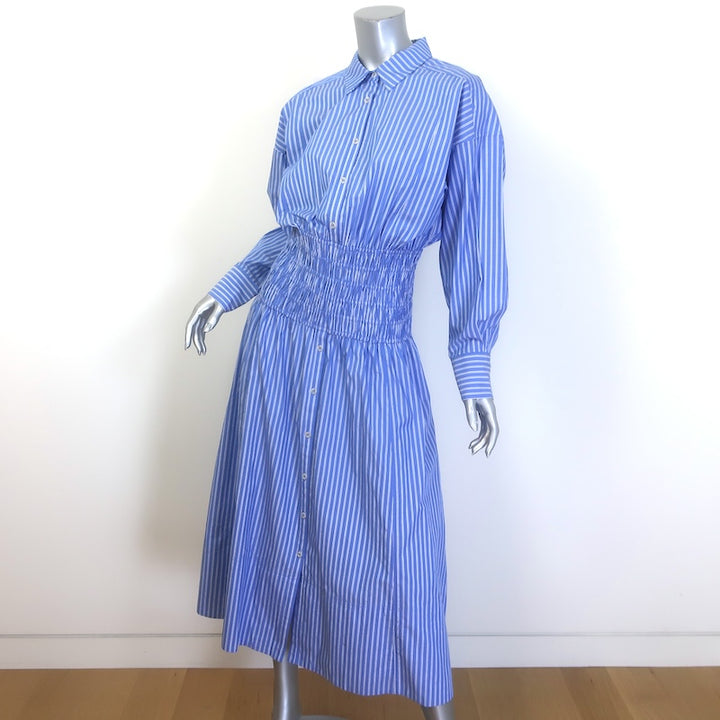 Apiece Apart Sophia Smocked Midi Shirt Dress Blue Striped Cotton Size Small