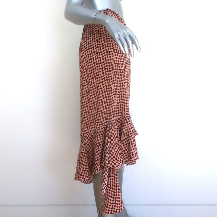 Marni Asymmetric Ruffle Skirt Burgundy &amp; Beige Checkered Silk Size 40