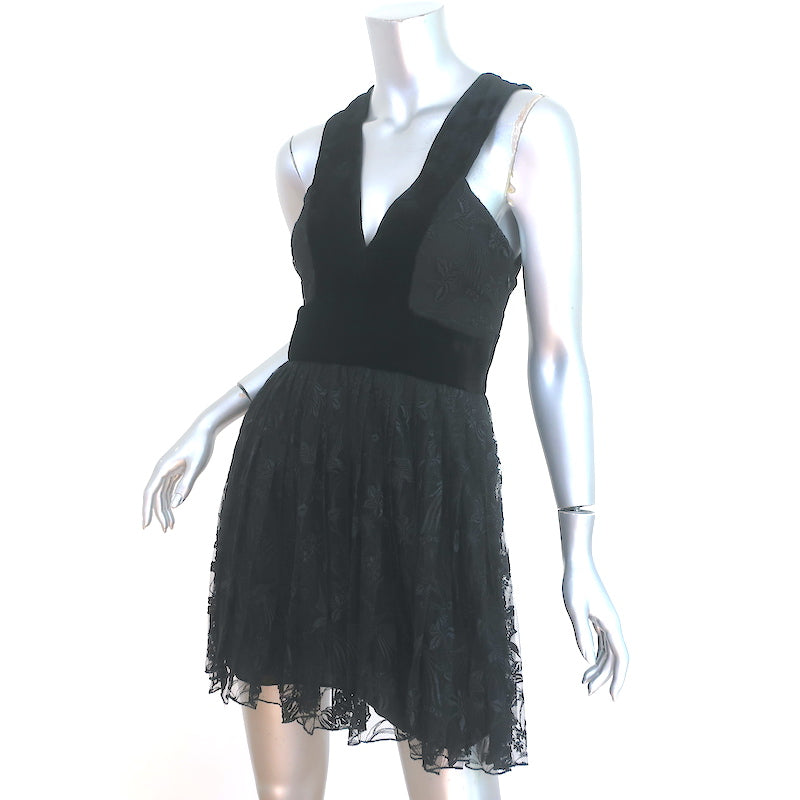 A.L.C. Mini Dress Black Velvet &amp; Bird-Embroidered Lace Size 6