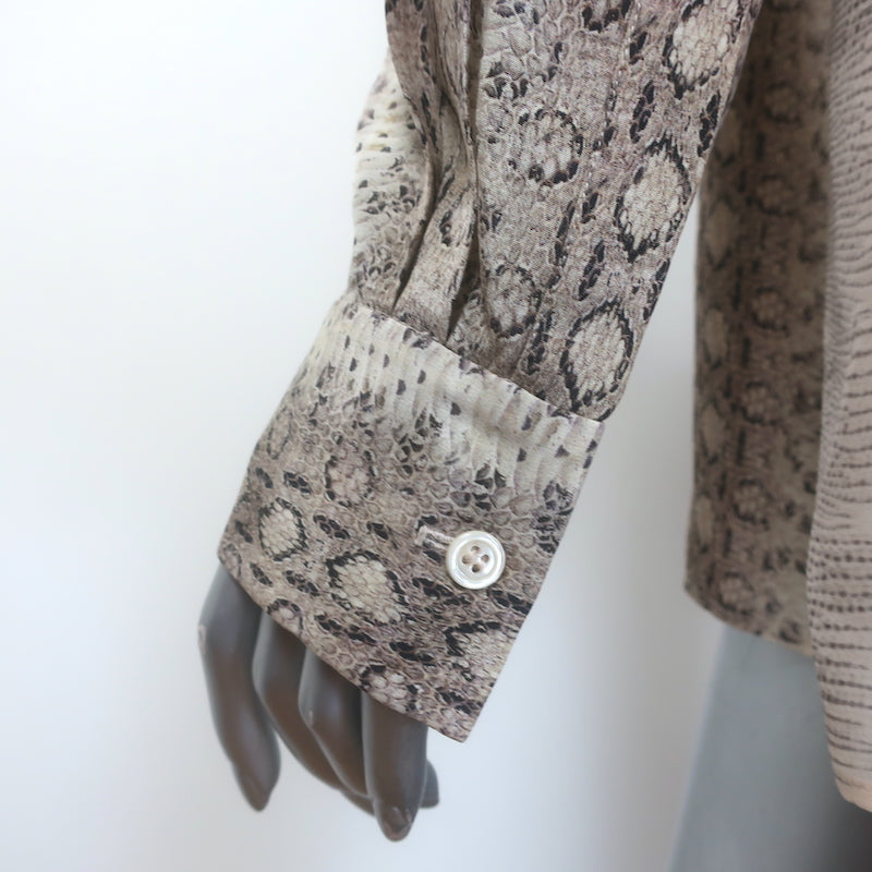 Chloe Scarf-Neck Snakeskin Print Blouse Cream/Gray Silk Size 42 Long Sleeve Top