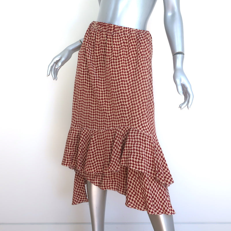 Marni Asymmetric Ruffle Skirt Burgundy &amp; Beige Checkered Silk Size 40