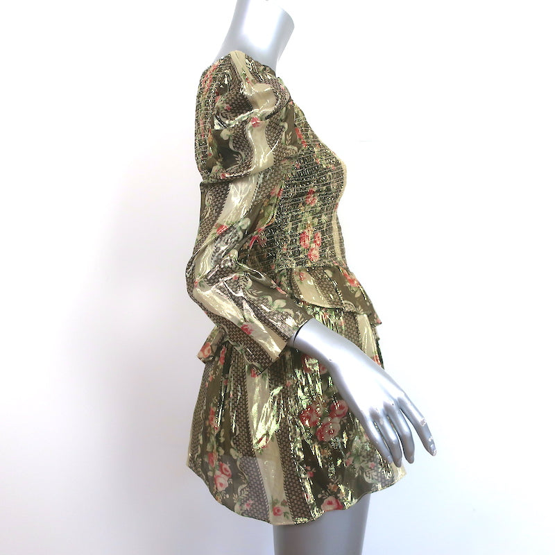 LoveShackFancy Smocked Mini Dress Greenwich Gold Floral Print Size Petite NEW