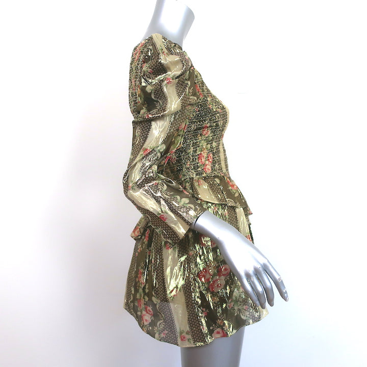 LoveShackFancy Smocked Mini Dress Greenwich Gold Floral Print Size Petite NEW
