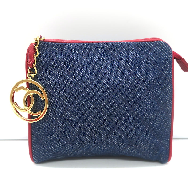 Vintage Chanel 1990 CC Small Fanny Pack Blue Quilted Denim &amp; Red Leather Size 75