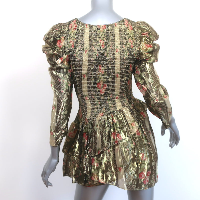 LoveShackFancy Smocked Mini Dress Greenwich Gold Floral Print Size Petite NEW