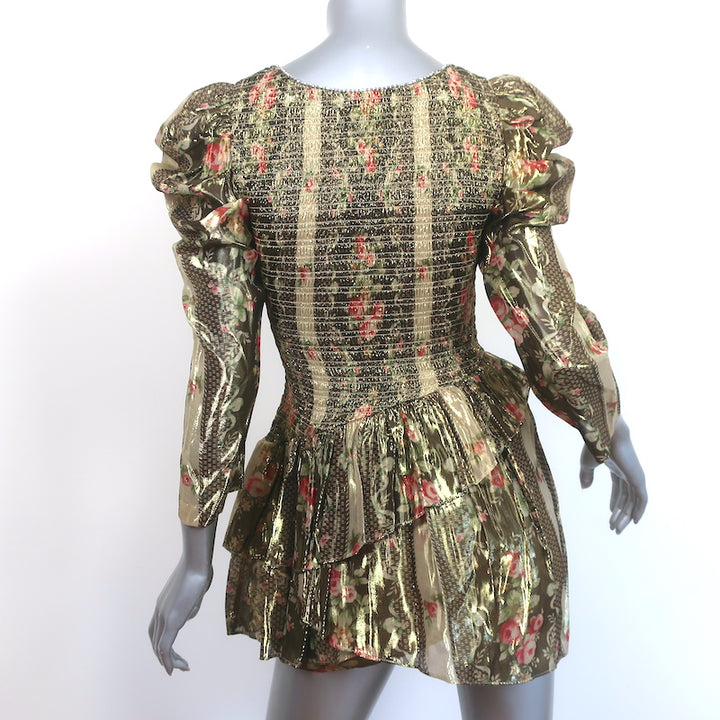 LoveShackFancy Smocked Mini Dress Greenwich Gold Floral Print Size Petite NEW