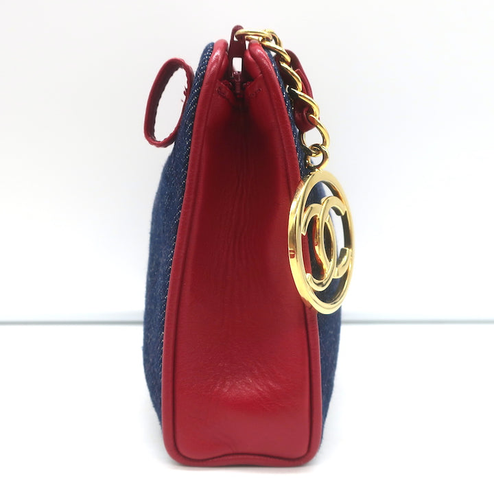 Vintage Chanel 1990 CC Small Fanny Pack Blue Quilted Denim &amp; Red Leather Size 75