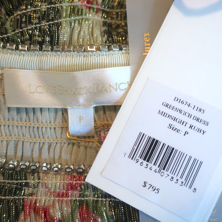 LoveShackFancy Smocked Mini Dress Greenwich Gold Floral Print Size Petite NEW