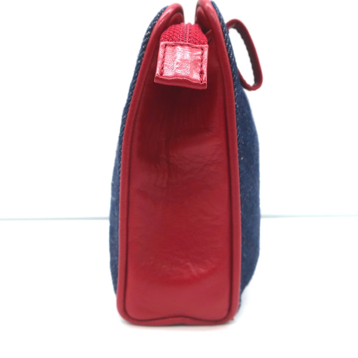 Vintage Chanel 1990 CC Small Fanny Pack Blue Quilted Denim &amp; Red Leather Size 75