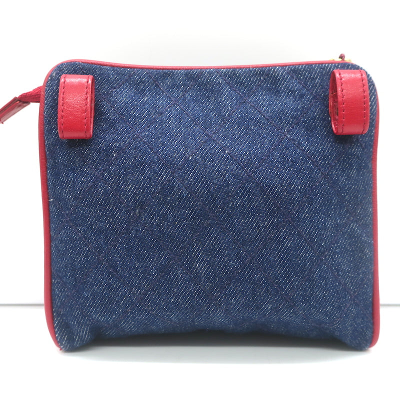 Vintage Chanel 1990 CC Small Fanny Pack Blue Quilted Denim &amp; Red Leather Size 75